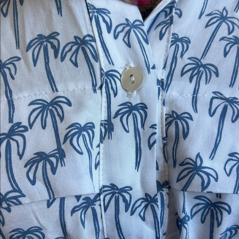 Skemo Palmerita Palm Print Short Sleeve Tie Waist Shirt Midi Dress White/Navy M - Picture 7 of 14